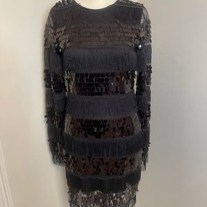 Sequin and Tassel Long Sleeve Bodycon Black Dress